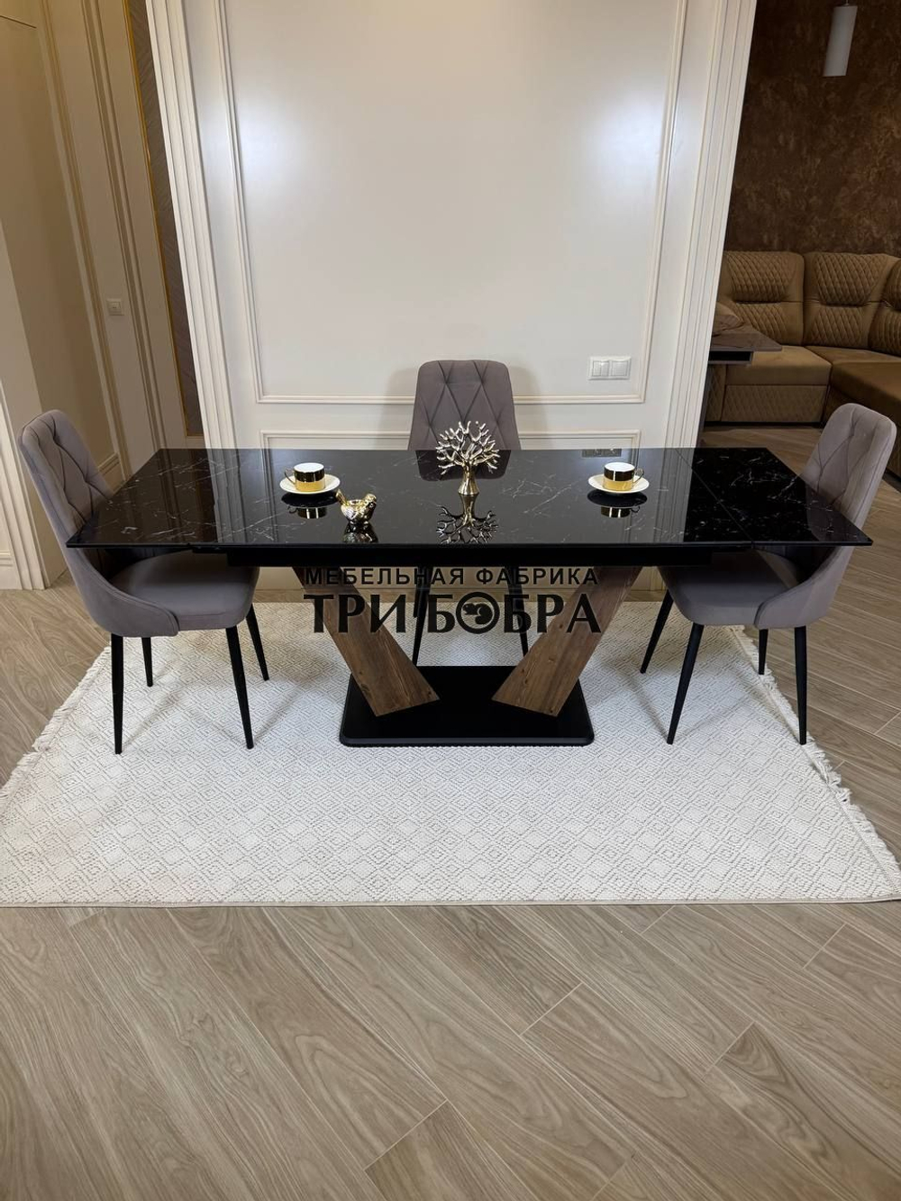 Кухонный раскладной стол "Вирджиния" , черный мрамор и 4 стула ЛОНДОН