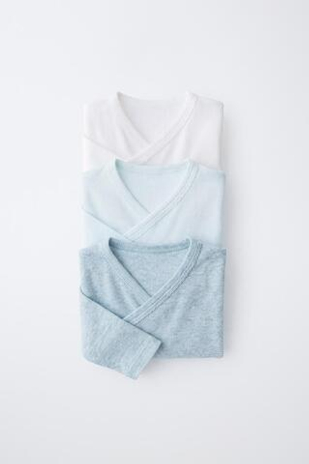 ZARA НАБОР ИЗ ТРЕХ БОДИ В РУБЧИК С ВЫРЕЗОМ КИМОНО, ЦВЕТ МОРСКОЙ ВОЛНЫ