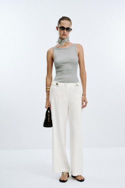 ZARA БРЮКИ СО ШЛЕВКАМИ И КОНТРАСТНОЙ СТРОЧКОЙ, ЖЕЛТОВАТО-БЕЛЫЙ