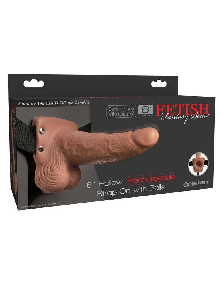 Перезаряжаемый вибрострапон Fetish Fantasy 6 Hollow Rechargeable Strap-On Tan