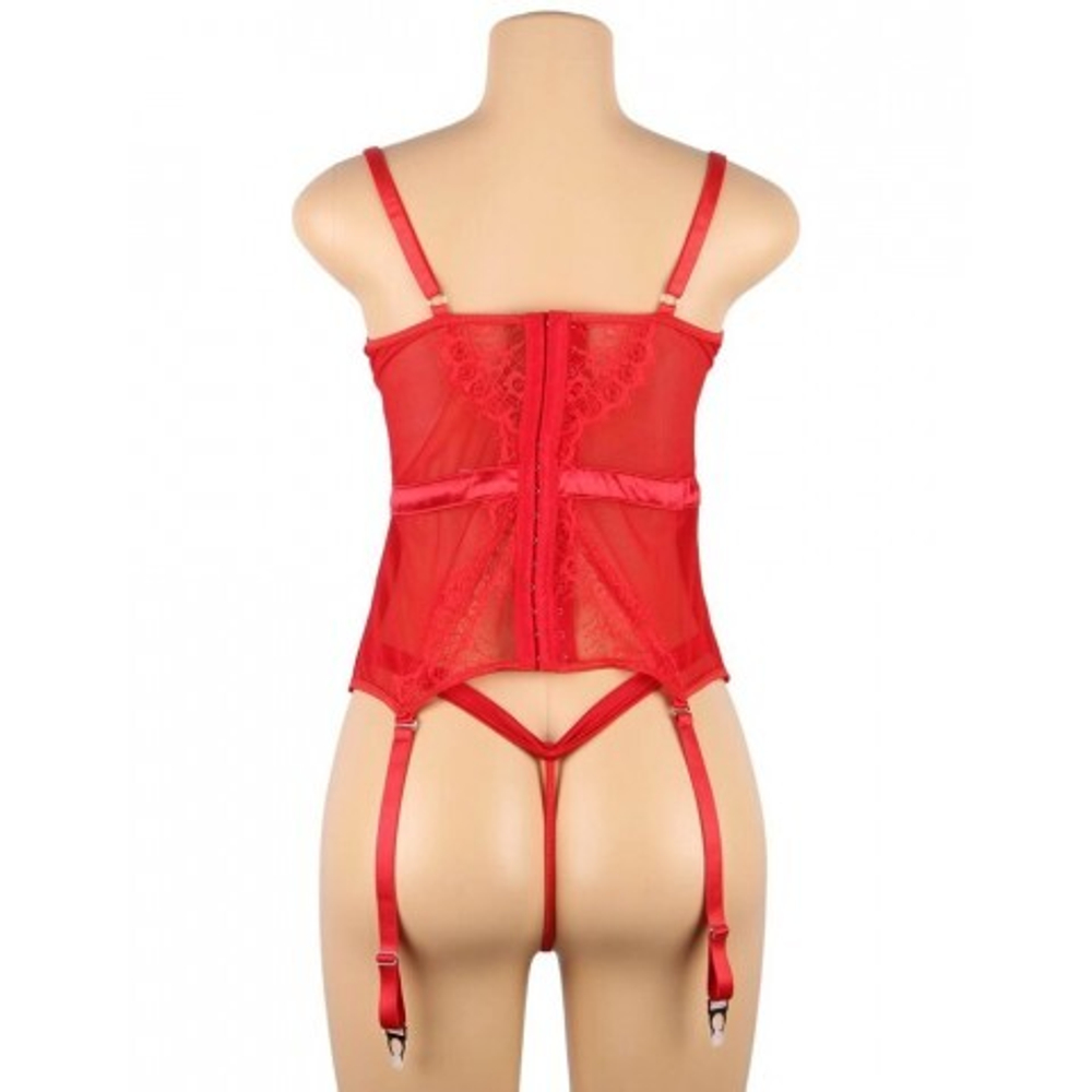 Элегантное красное белье: корсет с подвязками для чулок и G стринги (XL-2XL)