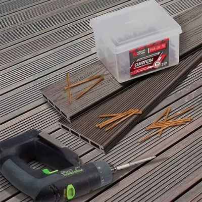 Саморезы для скрытого крепежа террасной доски 4,2x58 мм - набор 400 штук в комплекте с битой Т15. антикоррозийное покрытие WOODWORK