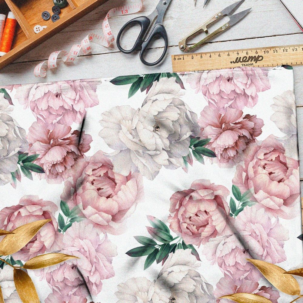 Ткань футер 2-х нитка пионы нежные весенние