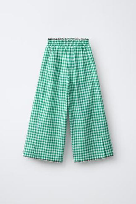 ZARA БРЮКИ WIDE LEG В КЛЕТКУ ВИШИ, БЕЛЫЙ/ЗЕЛЕНЫЙ