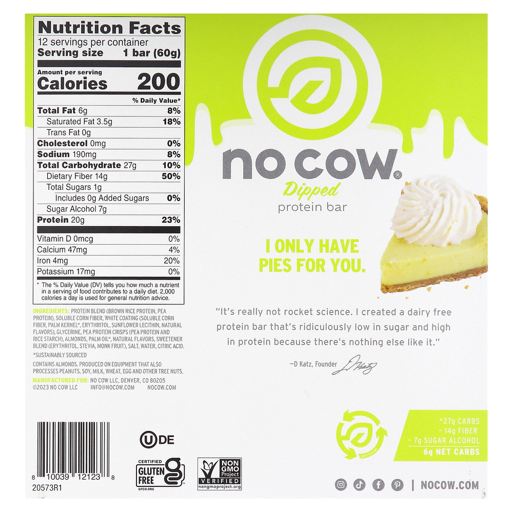 No Cow, протеиновый батончик в глазури, пирог с лаймом, 12 батончиков по 60 г (2,12 унции)