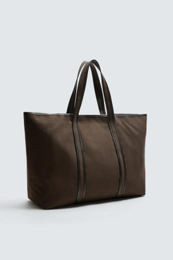 ZARA ТКАНЕВАЯ СУМКА-ШОПЕР, КОРИЧНЕВЫЙ