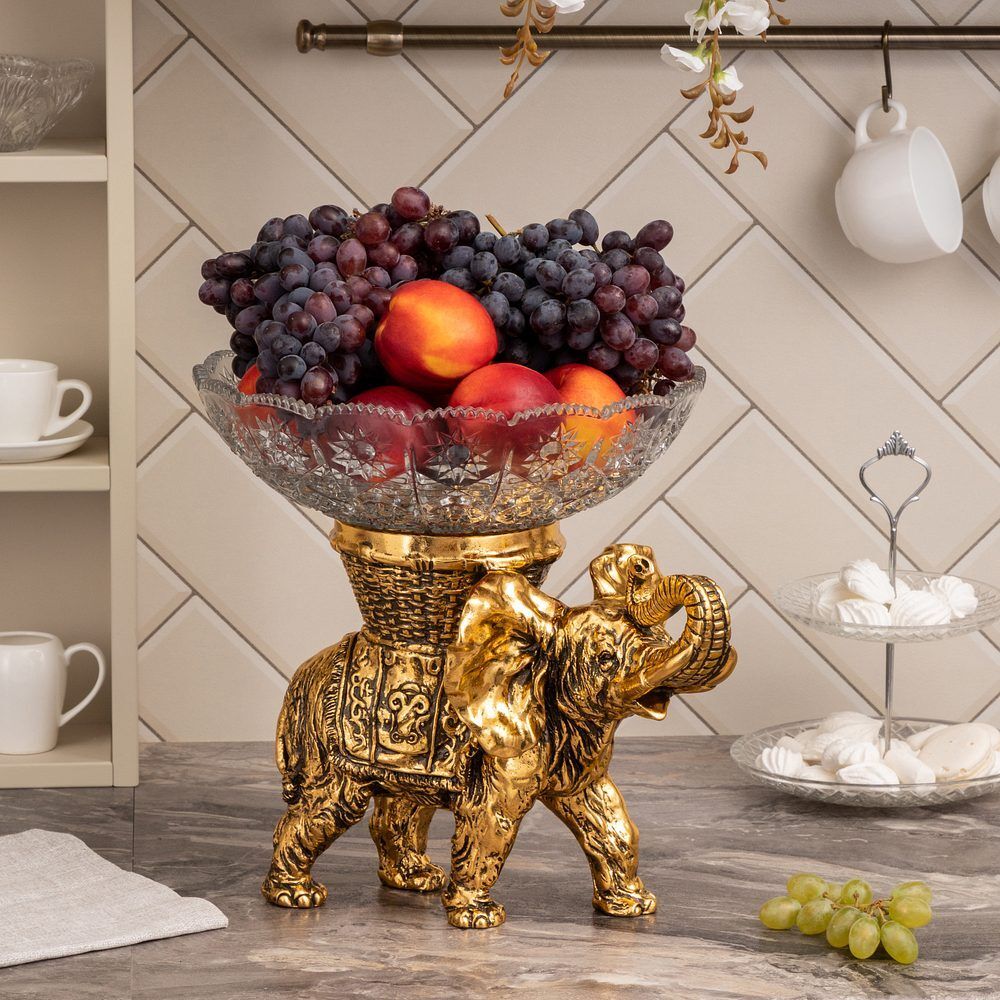 Фруктовница-конфетница Слон Джайпурарт со стеклянной чашей 7373 Бронза
