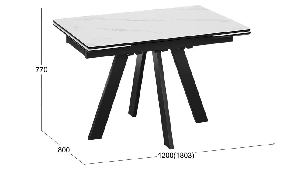 Стол кухонный обеденный раздвижной Черный муар/Керамика матовая белый мрамор 120(180)х80х77 см
