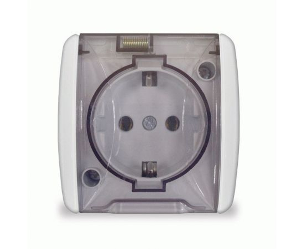 Розетка 1-м ОП Клио 16А IP44 с заземл. с прозр. крышкой бел. UNIVersal К2229