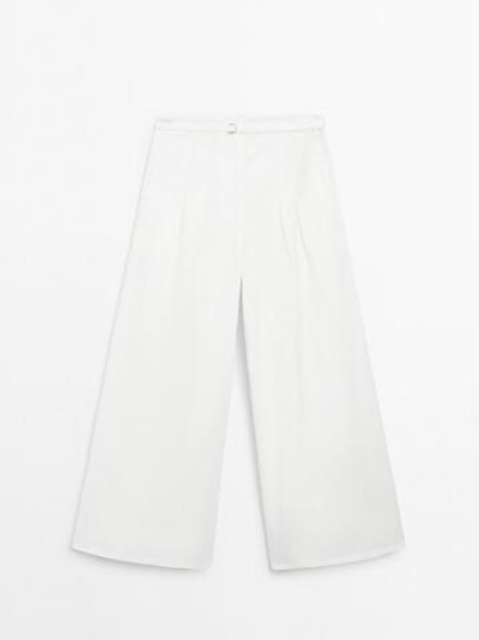Massimo Dutti Брюки палаццо из смеси хлопка и льна, белый