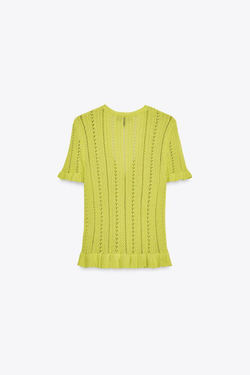 ZARA КАРДИГАН С ВОЛАНАМИ И ПЕРФОРАЦИЕЙ, ЗЕЛЕНЫЙ