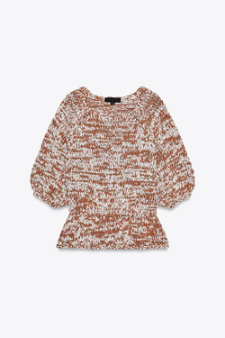 ZARA ТРИКОТАЖНЫЙ СВИТЕР С КОНТРАСТНОЙ БАСКОЙ, КОРИЧНЕВЫЙ/БЕЛЫЙ