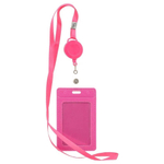 Бейдж на шнурке с рулеткой (ретрактором) Basir вертикальный, кожзам, 105*65 мм, розовый