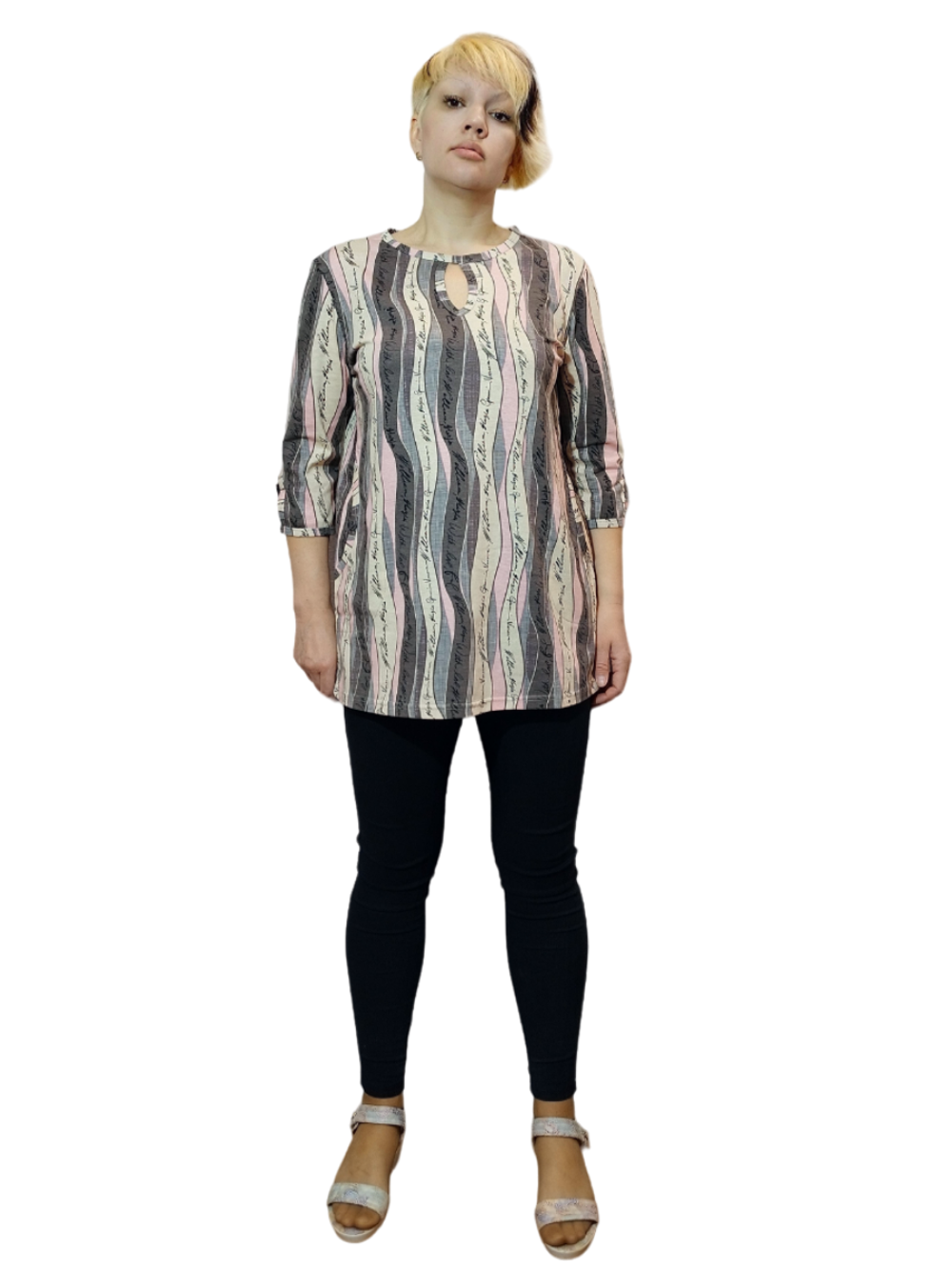 21232 Футболка-Туника женская "Капелька" бежево/розовая волна (64)