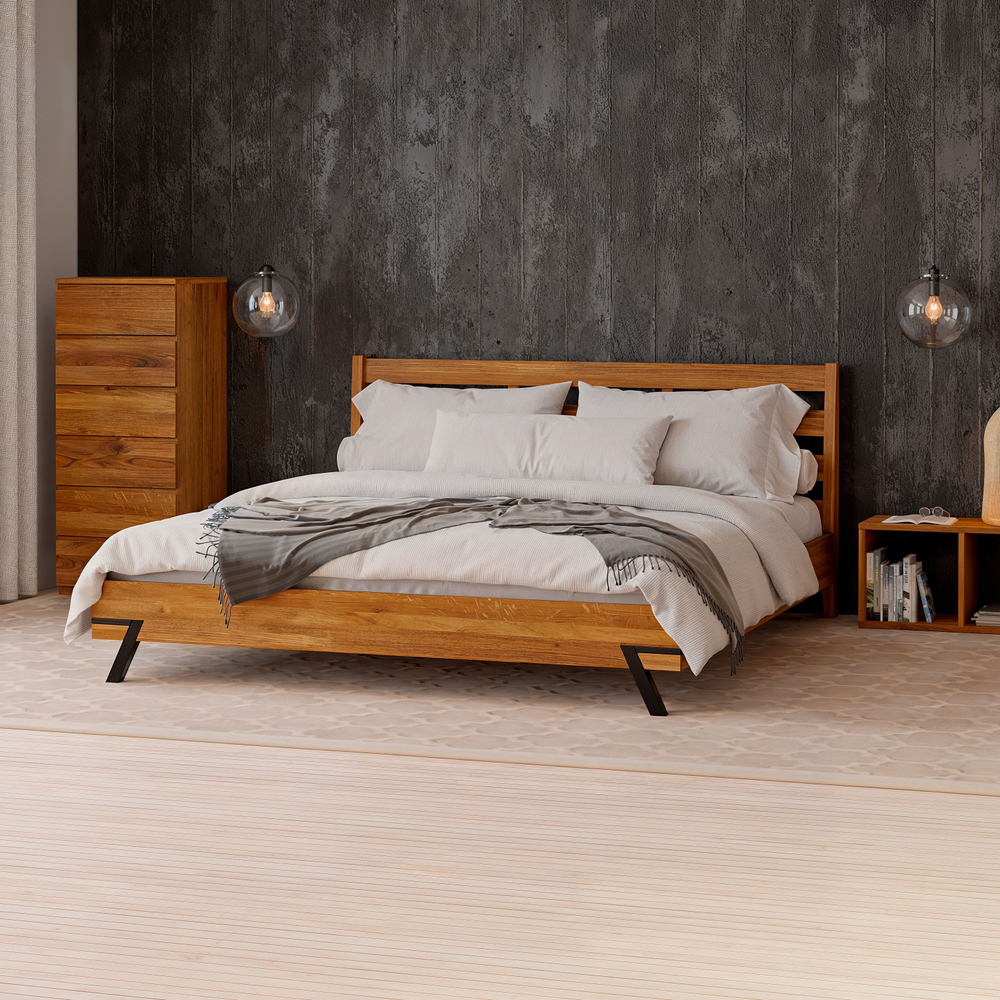 Кровать 200х200 Флеверс, двуспальная, деревянная, на ножках в стиле лофт, из дуба