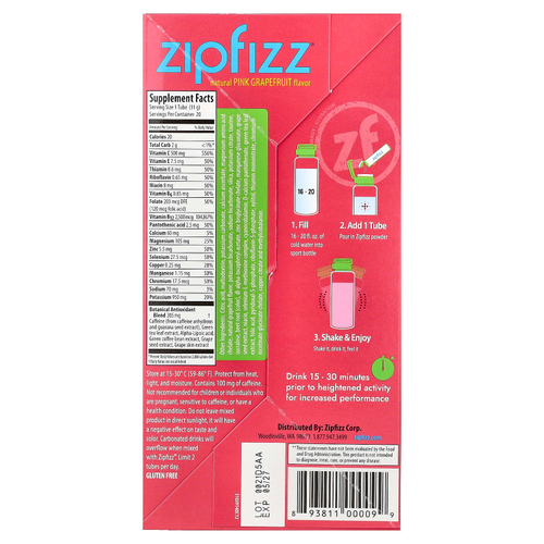Zipfizz, Энергетическая смесь для здорового спорта с витамином B12, розовый грейпфрут, 20 тюбиков по 11 г (0,39 унции)