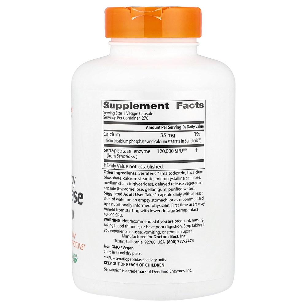 Doctor's Best, высокоэффективная серрапептаза, 120 000 SPU, 270 растительных капсул