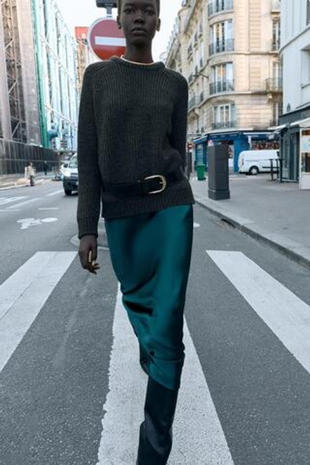 ZARA АТЛАСНАЯ ЮБКА МИДИ, УТИНО-ЗЕЛЕНЫЙ