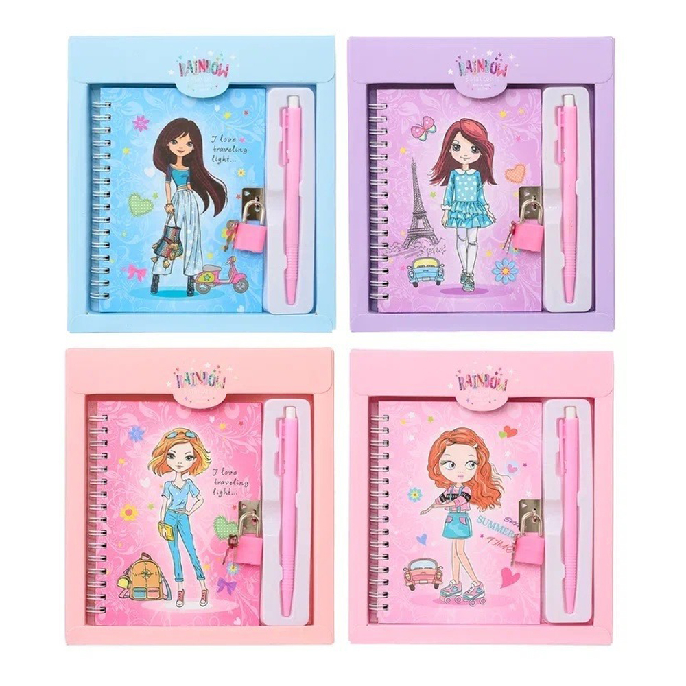 Блокнот детский Basir на замке, с ручкой, формат А6, серия "Девочка", переплет 7БЦ, 15*11 см, 48 листов, ассорти