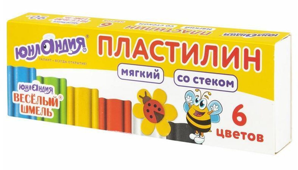 Пластилин мягкий 6 цветов 90г,со стеком "Весёлый шмель" (ЮНЛАНДИЯ)