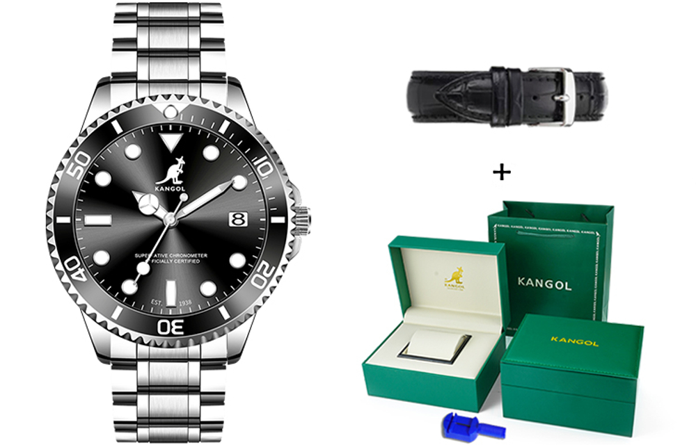 KANGOL Quartz Movement Stainless Steel Watchband Watch Men"s Watches Black Dial