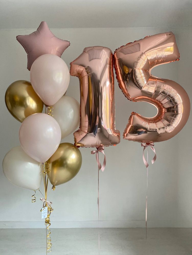 Воздушные шары на пятнадцатилетие цифры 15 розовое золото песок/золото/пыльная роза №3815