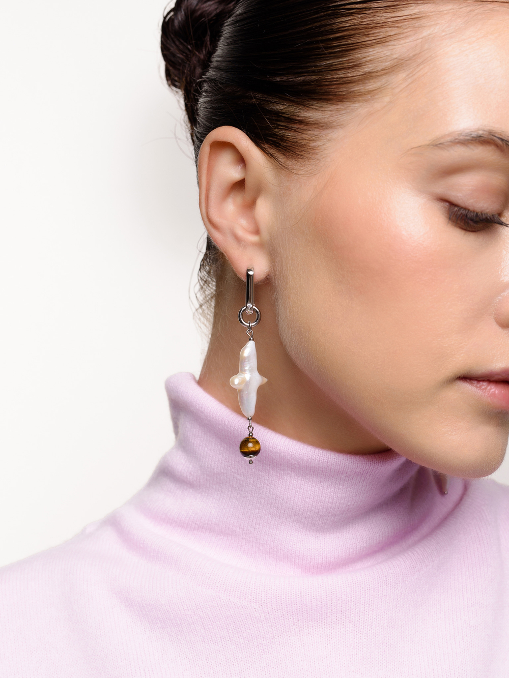 Серьги "Tiger' pearl cross" Silver