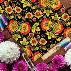 Ткань шифон крупная плотная хохлома из цветов на чёрном фоне