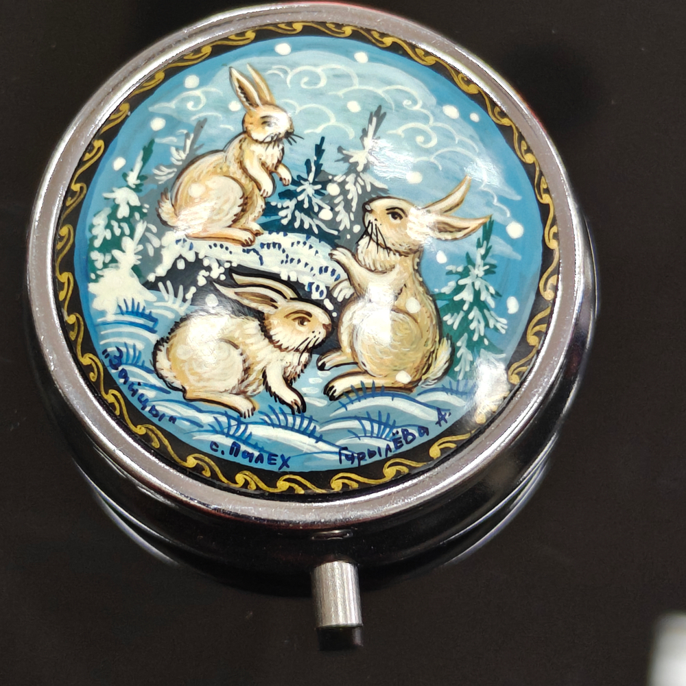 Сувенирный контейнер для хранения мелочей с ручной росписью Палех "Зайчики"