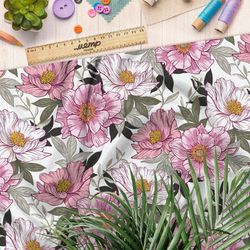 Ткань интерлок розовые цветы серые листья