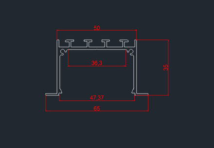 Встраиваемый алюминиевый профиль 65х35х3000. Цвет: Анодированное серебро