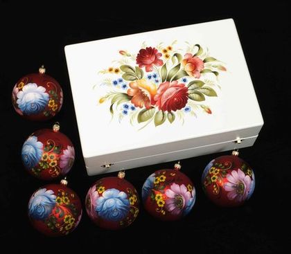Zhostovo Christmas balls in wooden box - set of 6 balls SET04D-667785781