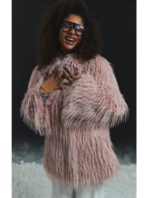 Шуба искусственная пушистая с длинным ворсом, Розовая пудра, SilverFox
