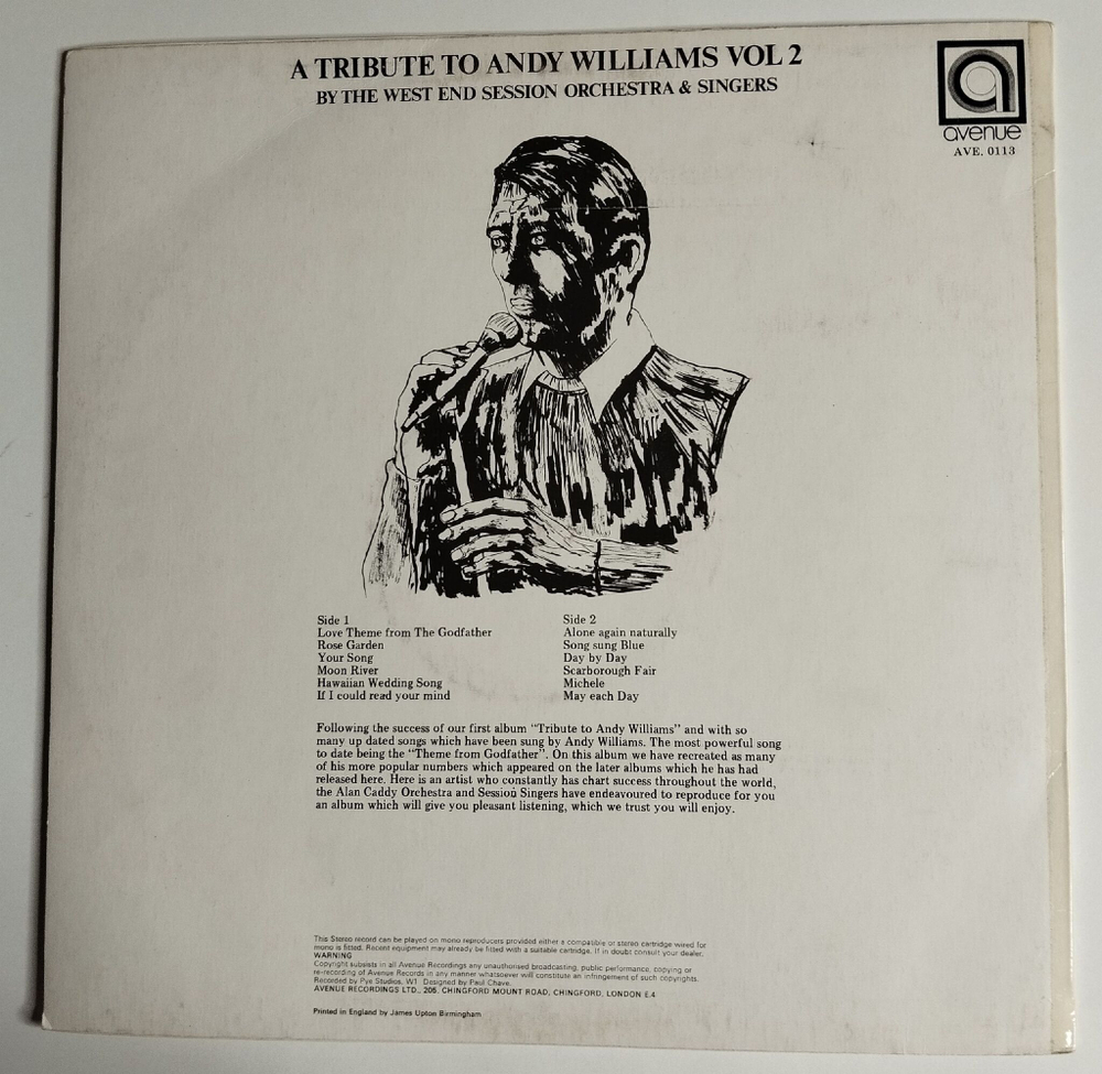 Винтажная виниловая пластинка LP A Tribute To Andy Williams Vol.2 (UK 1972)