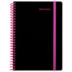 Тетрадь обложка пластик, А5 80 л., спираль пластик, резинка, клетка, BRAUBERG, черный/розовый, 405384