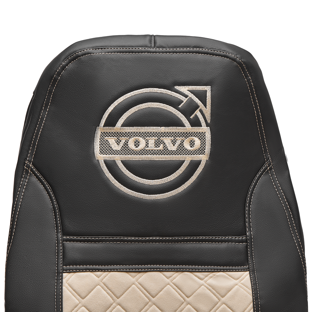 Чехлы VOLVO FM после 2008 года: 2 высоких сиденья, ремень у водителя из сиденья, у пассажира - от стоек кабины (один вырез на чехлах) (экокожа, черный, бежевая вставка)