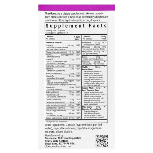 Bluebonnet Nutrition, Ladies' ONE® 40+, цельнопищевая мультивитаминная добавка, 60 растительных капсул