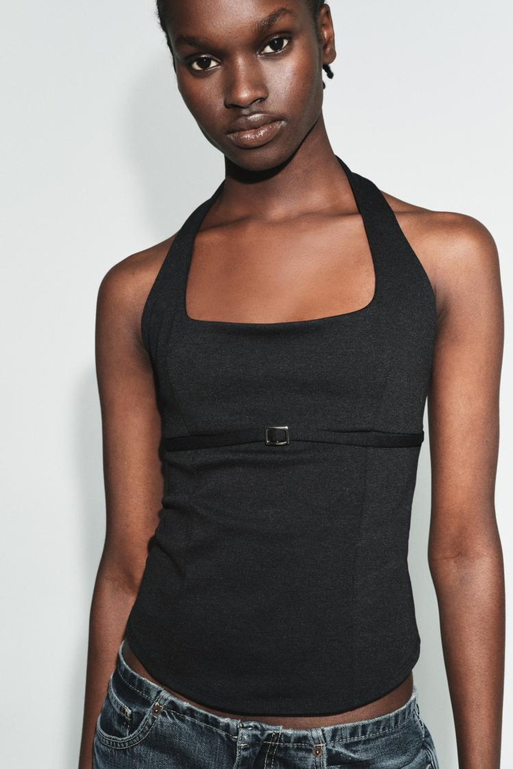 ZARA ТОП ХАЛТЕР ИЗ ТРИКОТАЖА, ЧЕРНЫЙ