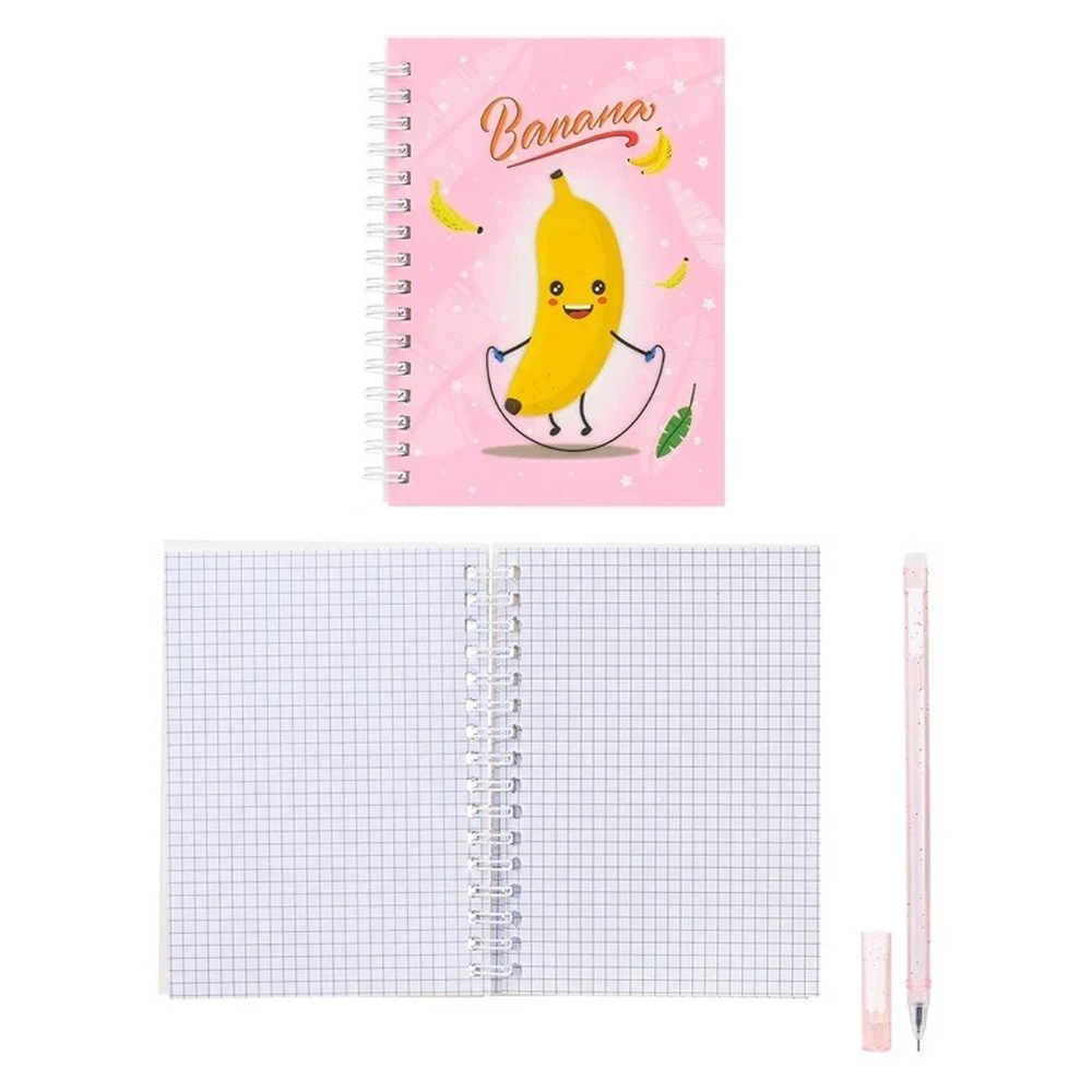 Блокнот детский Basir, с ручкой, формат А6, серия "БАНАН", переплет 7БЦ, 14.5*10.3 см, 48 листов, 4 цвета ассорти