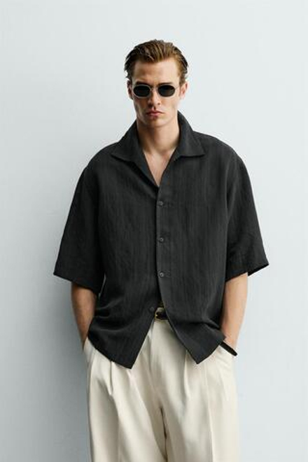 ZARA ЖАККАРДОВАЯ РУБАШКА BOXY FIT В ПОЛОСКУ, ЧЕРНЫЙ