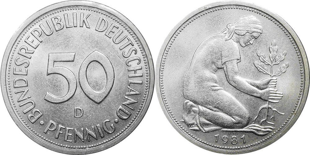 Германия - ФРГ 50 пфеннигов, 1972-2001 Посадка деревьев XF