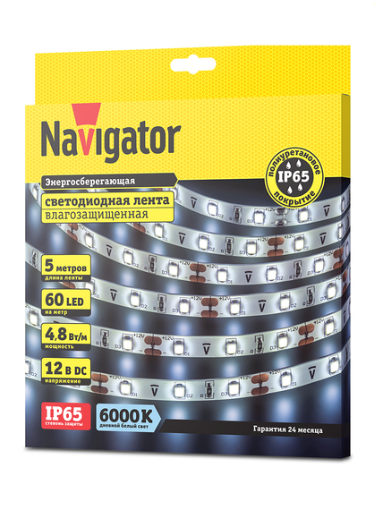 Лента светодиодная Navigator 12V 4,8Вт 6000К IP65 бухта 5м белая 28840