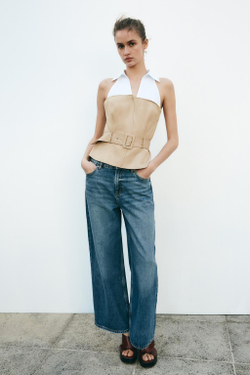 ZARA КОМБИНИРОВАННЫЙ ТОП С ГОРЛОВИНОЙ ХАЛТЕР, РЫЖЕВАТО-КОРИЧНЕВЫЙ