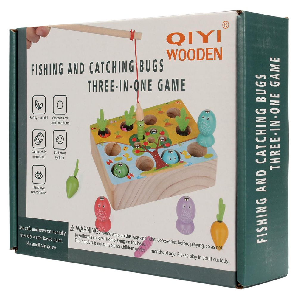 Развивающая игрушка деревянная Обьемная рыбалка урожай + червяки, коробка C-41679