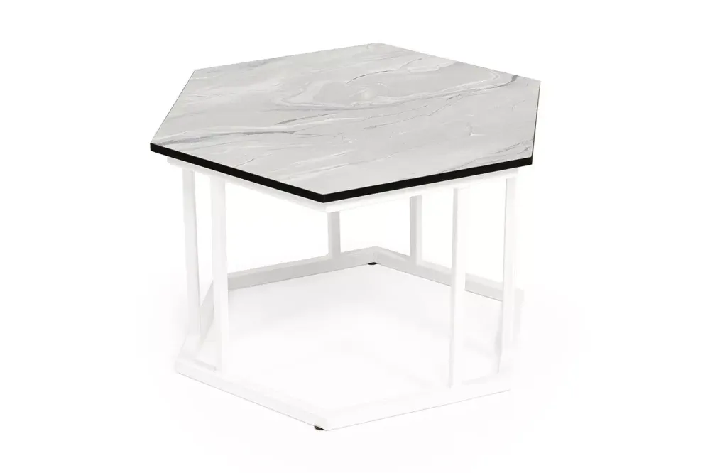 "Женева" интерьерный стол из HPL шестиугольный, D50, H35, цвет "мрамор пепел", каркас из стали белый муар