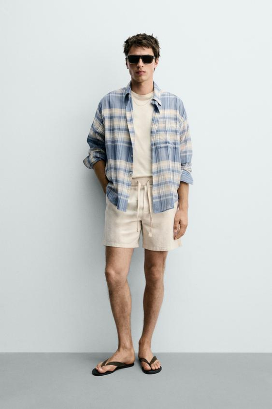 ZARA ШОРТЫ RELAXED FIT ИЗ ХЛОПКА И ЛЬНА, СВЕТЛО-БЕЖЕВЫЙ