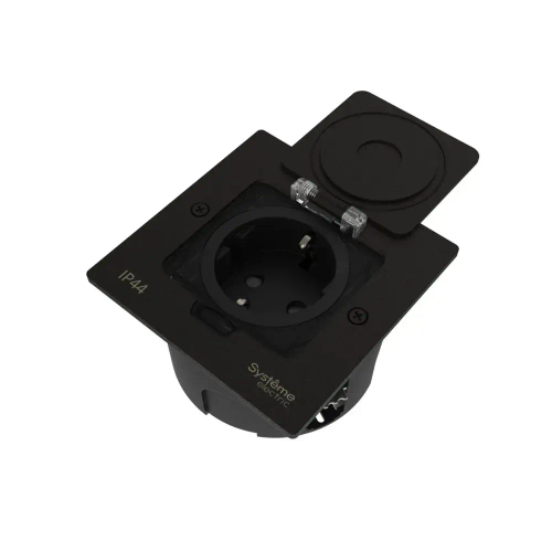 MultiDesk Лючок с розеткой 2К+З, 16А/250В, IP44 с монтажной коробкой для стены, фальшпола, стола Чёр