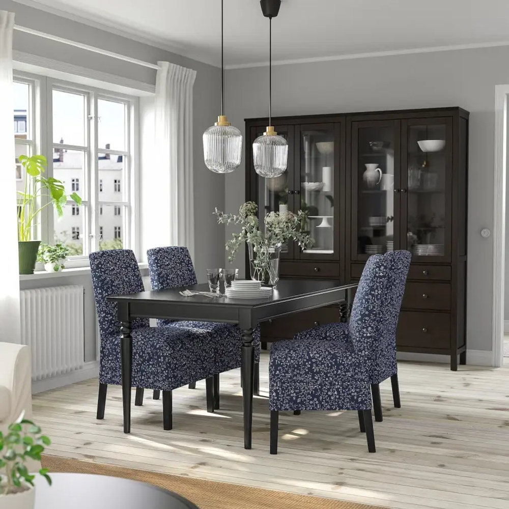 Стол и 4 стула - INGATORP / BERGMUND IKEA/ ИНГАТОРП/БЕРГМУНД ИКЕА, 215/155х87 см, синий с рисунком/черный