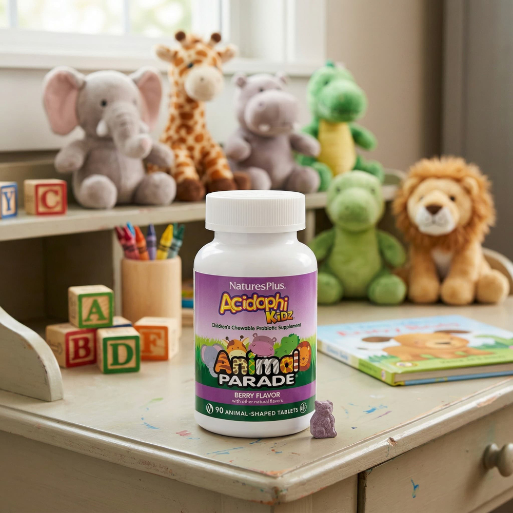 NaturesPlus, Animal Parade® AcidophiKidz®, для детей жевательный пробиотик, с ягодным вкусом, 90 таблеток в форме животных