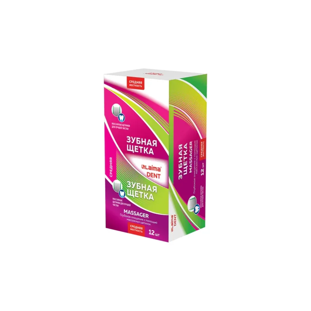 Зубная щетка средней жесткости MASSAGER с массажными щетинками (ассорти 4 цвета), LAIMA DENT, 609318